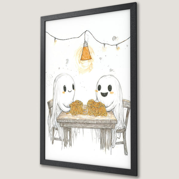 Framed Poster featuring cute ghosts enjoying spaghetti. Whimsical illustration with a warm, neutral color palette. Perfect wall art for a cozy space.