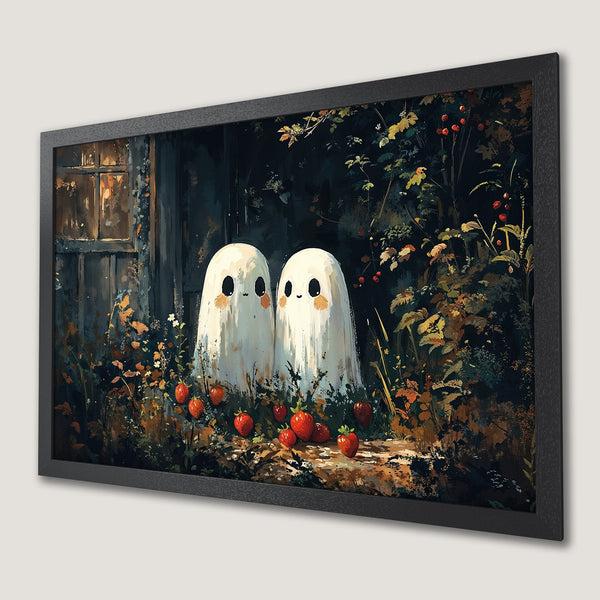 Framed Poster featuring cute ghost art in a whimsical style with a dark, earthy color palette. Perfect for Halloween decor!