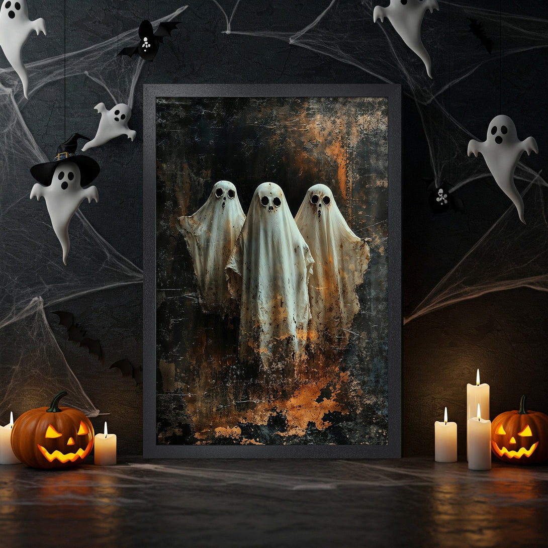 Framed Poster featuring spooky ghosts in a dark, grunge style with a black, white, and orange color palette, perfect for Halloween decor.