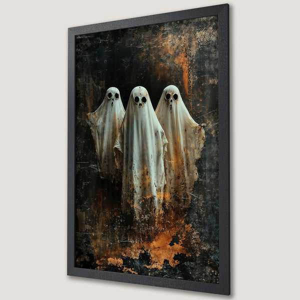Framed Poster featuring three ghostly figures in a dark, textured style with a black, orange, and white color palette. Perfect Halloween decor!