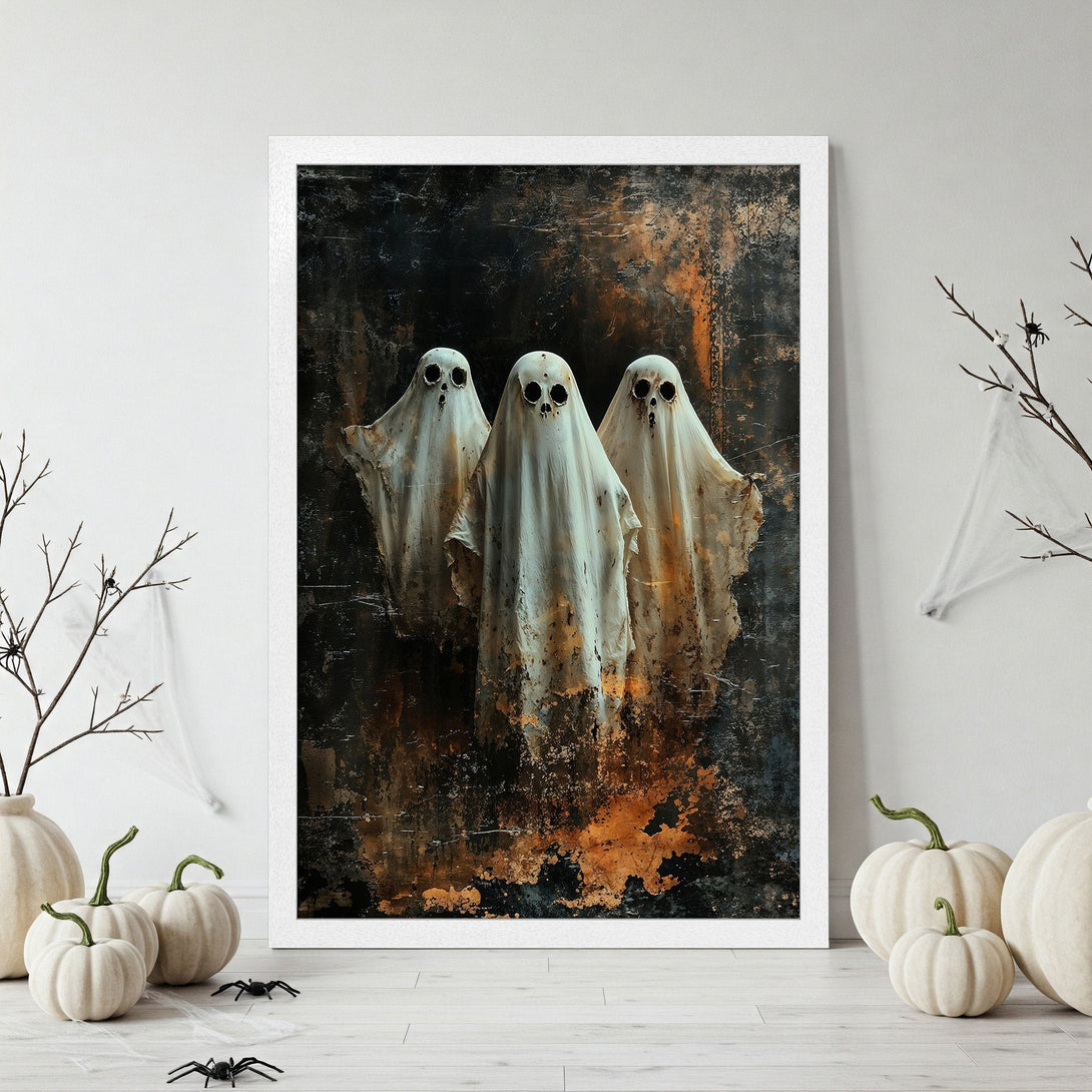 Framed Poster featuring three ghostly figures with a distressed, dark background. Halloween art in a muted, earthy color palette.