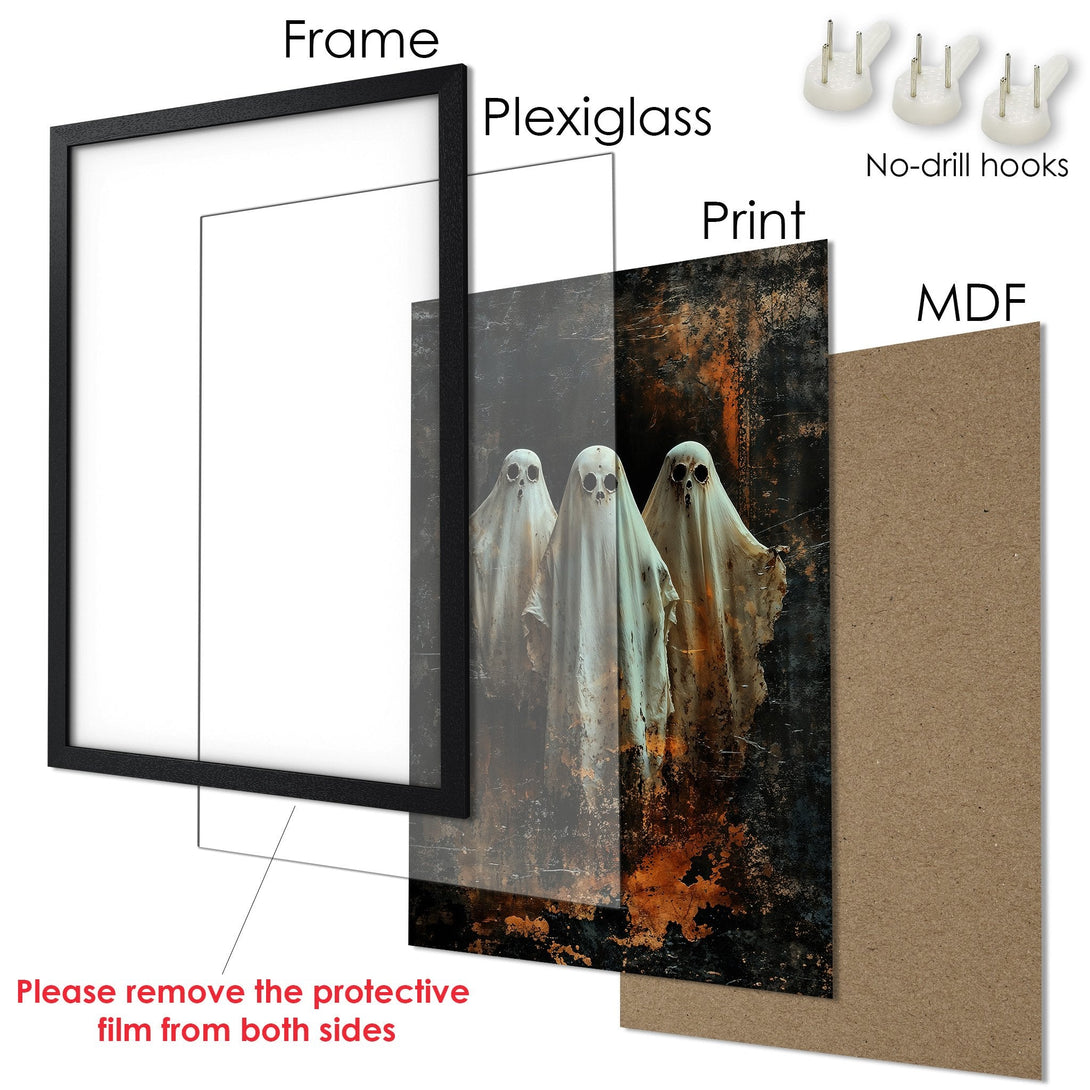 Framed Poster featuring spooky ghost art in a dark, grunge style with a muted color palette. Perfect Halloween decor!