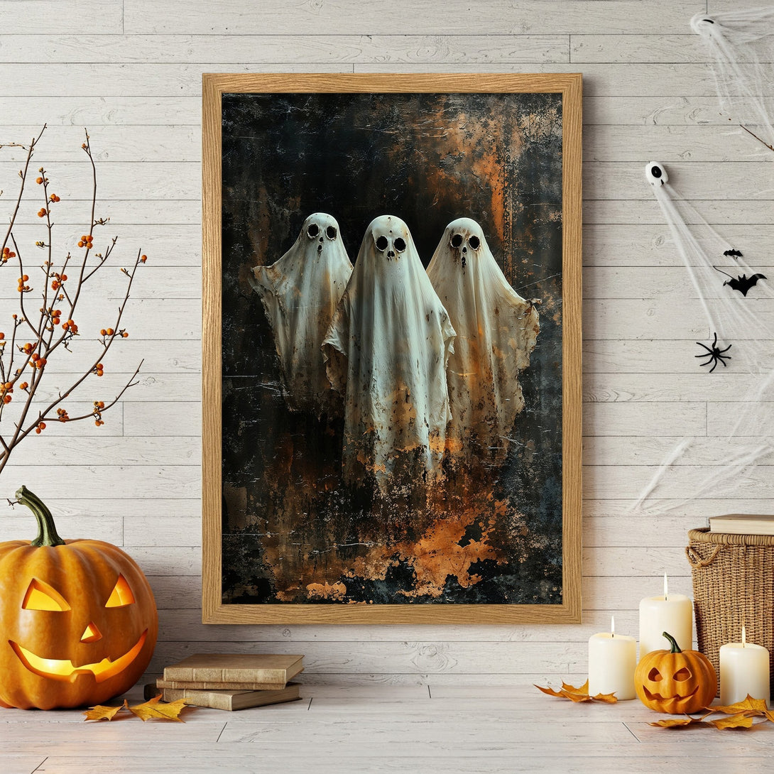Framed Poster featuring spooky ghost art in a dark, grunge style with a black, white, and orange color palette. Perfect Halloween decor!