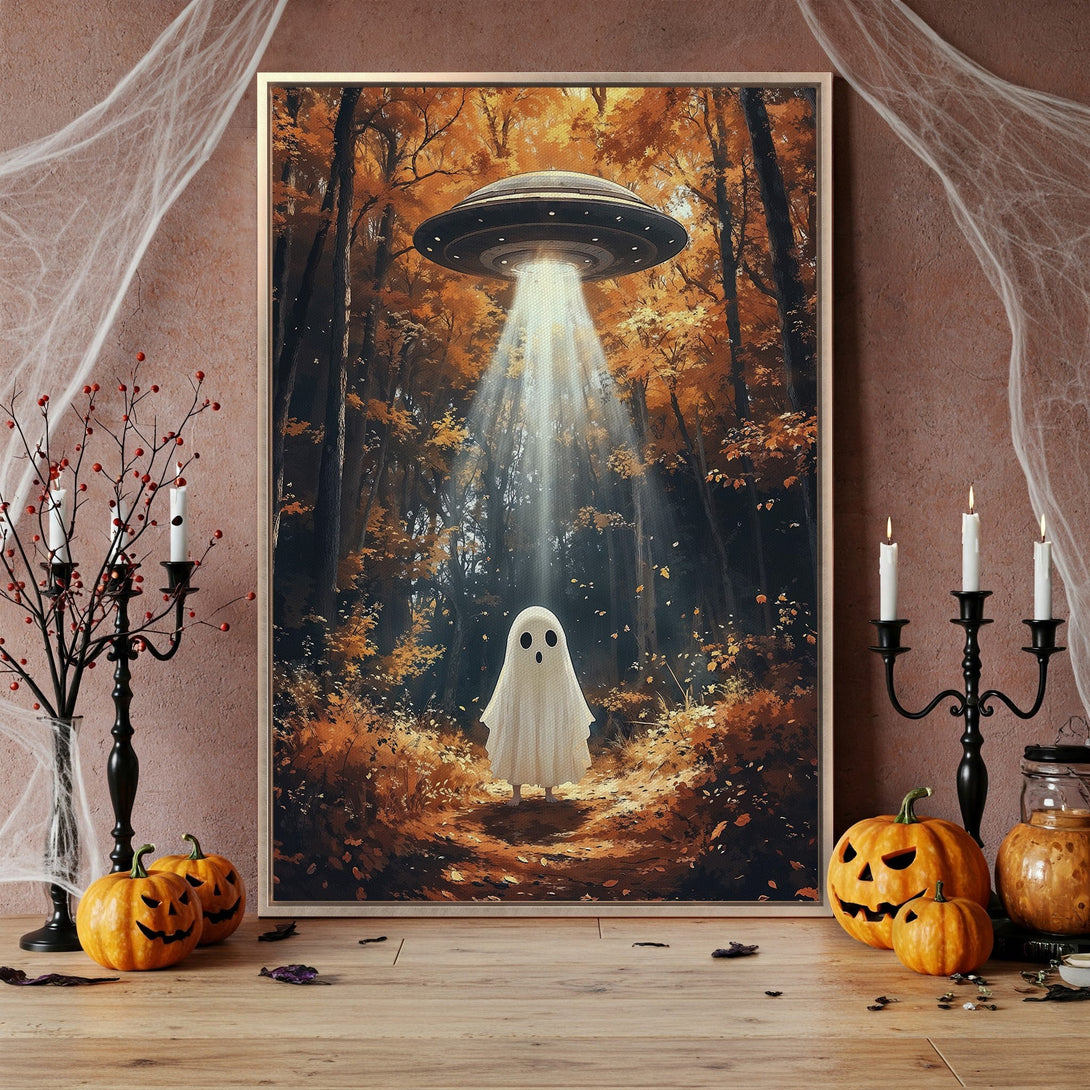 Framed Wall Art: Spooky ghost scene in autumn forest with UFO, warm orange palette. Perfect Halloween decor! Canvas Print for your home.