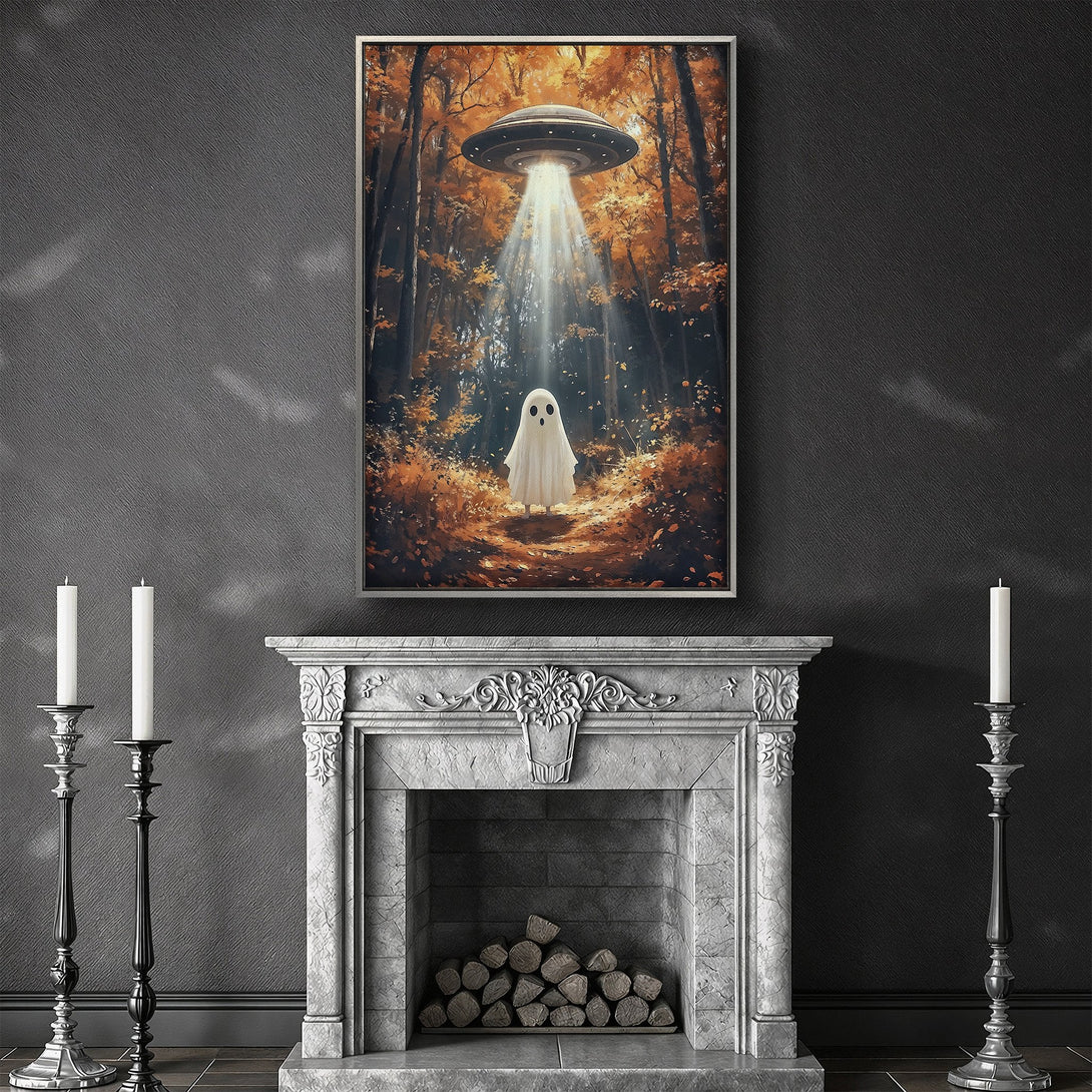 Framed Wall Art: Whimsical ghost in a forest scene, with a UFO. Autumnal color palette. Perfect for Halloween decor!