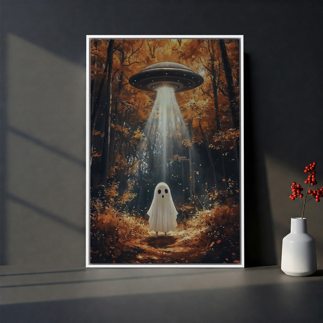 Framed Wall Art: Whimsical ghost in autumn forest scene. Warm orange & brown color palette. Perfect spooky decor for your home!