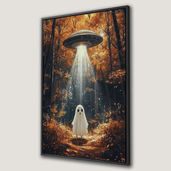 Framed Wall Art: Whimsical forest scene with a ghost and UFO, warm orange tones. Perfect Halloween decor! Add this unique Canvas Print to your home.