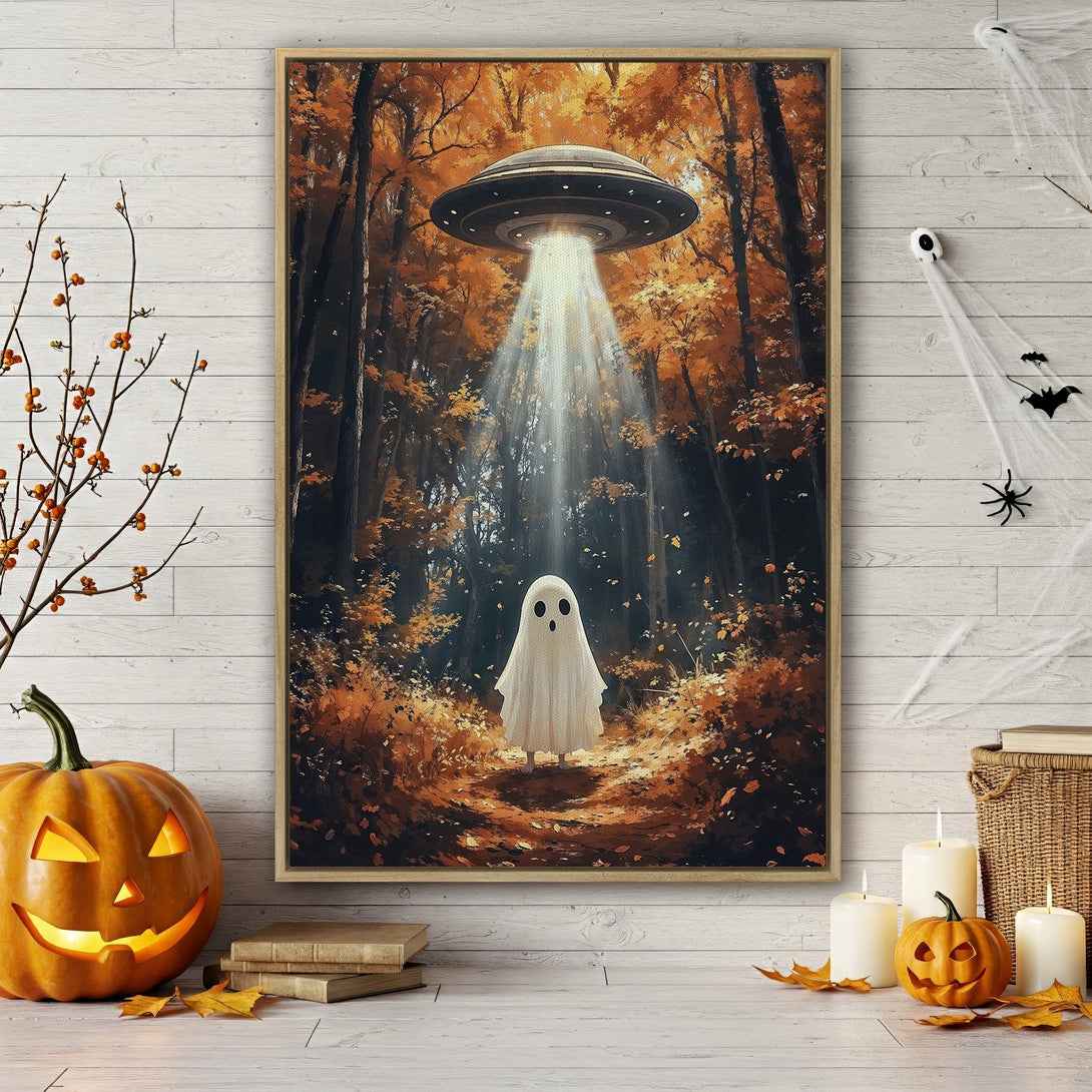 Framed Wall Art: Spooky ghost in an autumn forest under an alien ship. Warm orange and brown tones create a whimsical Halloween vibe. Perfect for seasonal decor!