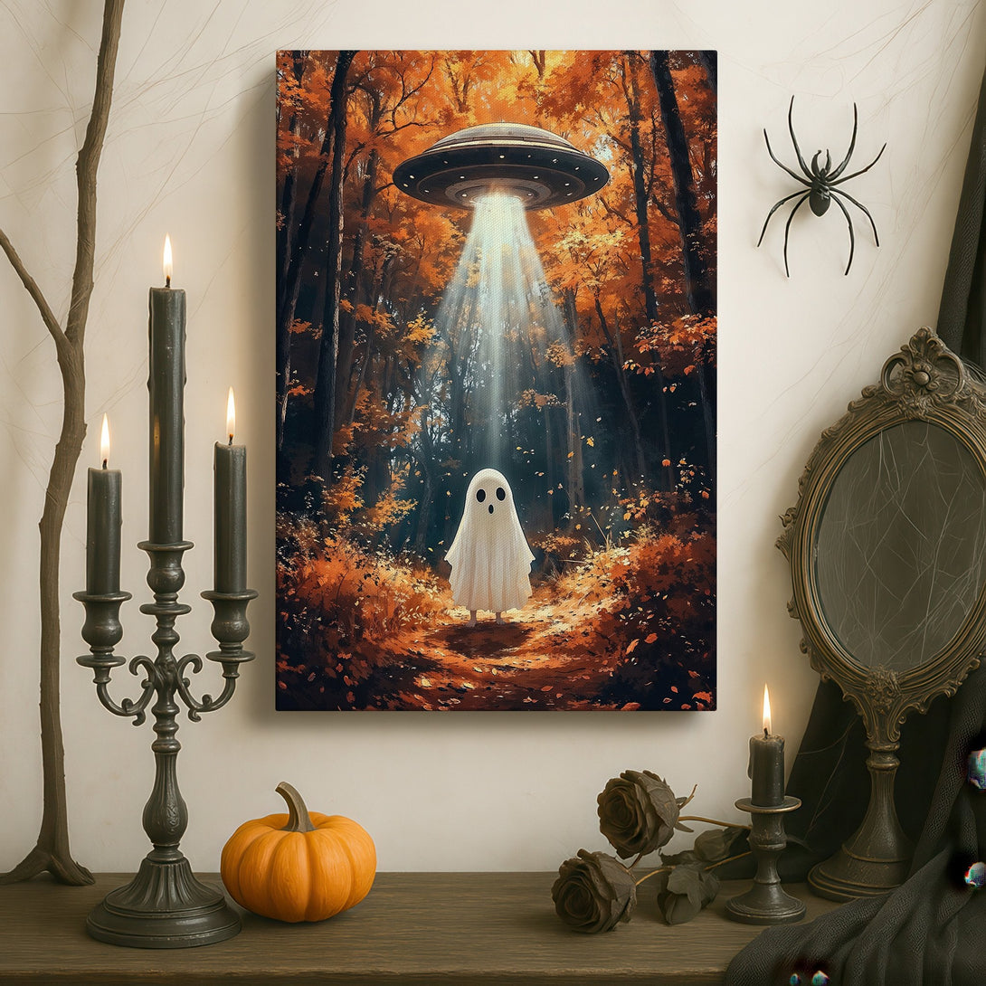 Framed Wall Art: Whimsical ghost under UFO in autumn forest. Warm orange & brown tones. Unique art for home decor.