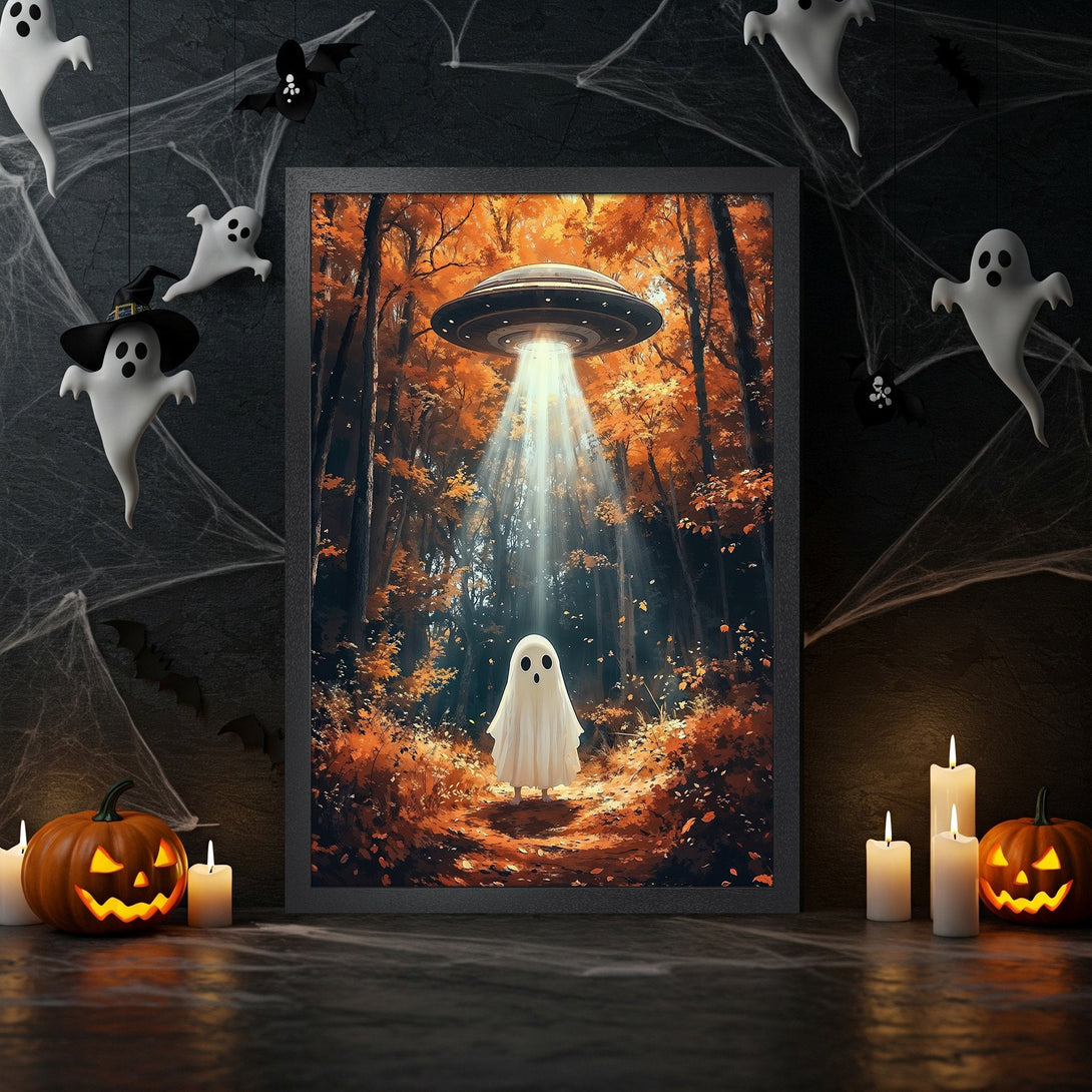 Framed Poster featuring a spooky ghost in a forest, with an alien ship, in warm orange and black tones. Perfect Halloween decor!