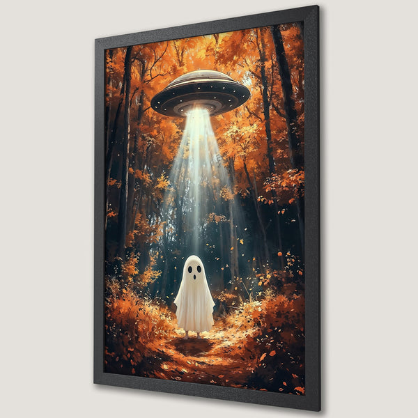 Framed Poster featuring a whimsical ghost under a UFO in an autumn forest, warm orange and brown tones. Perfect Halloween decor!