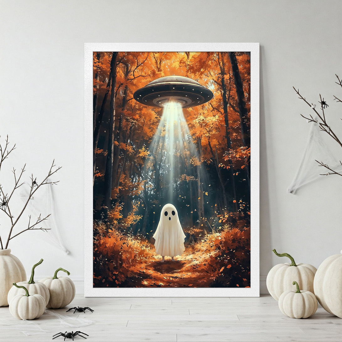 Framed Poster featuring a whimsical ghost under a UFO in an autumn forest. Warm orange and brown color palette, perfect Halloween decor.
