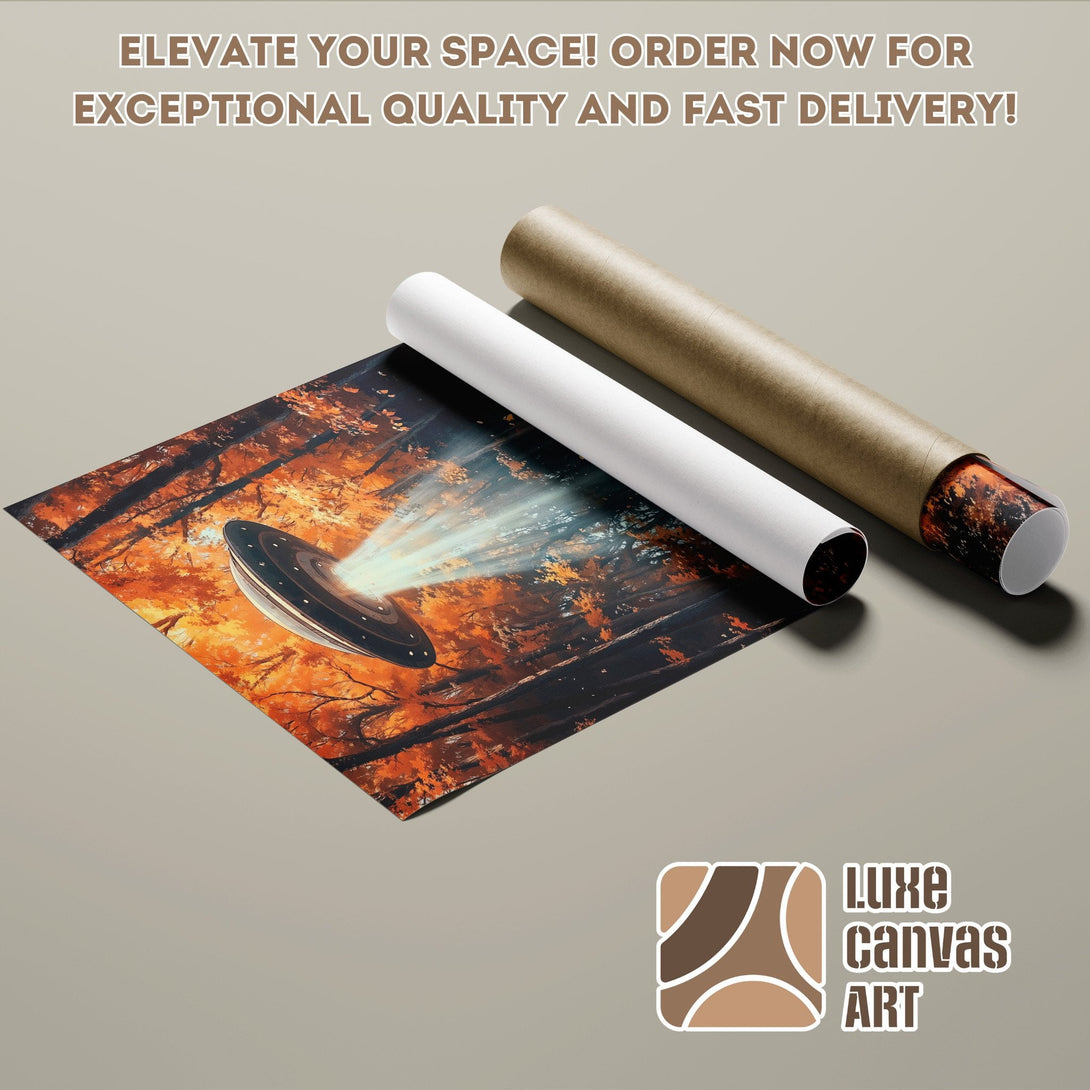 UFO art poster roll with orange and brown forest scene. Elevate your space with this unique Poster!