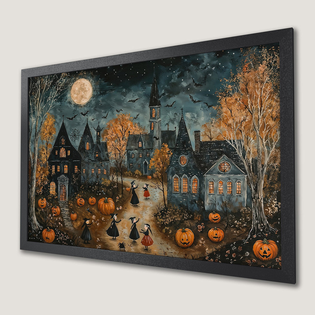 Framed Poster: Spooky Halloween scene with witches, pumpkins, and a full moon. Dark teal and orange color palette. Perfect fall decor!