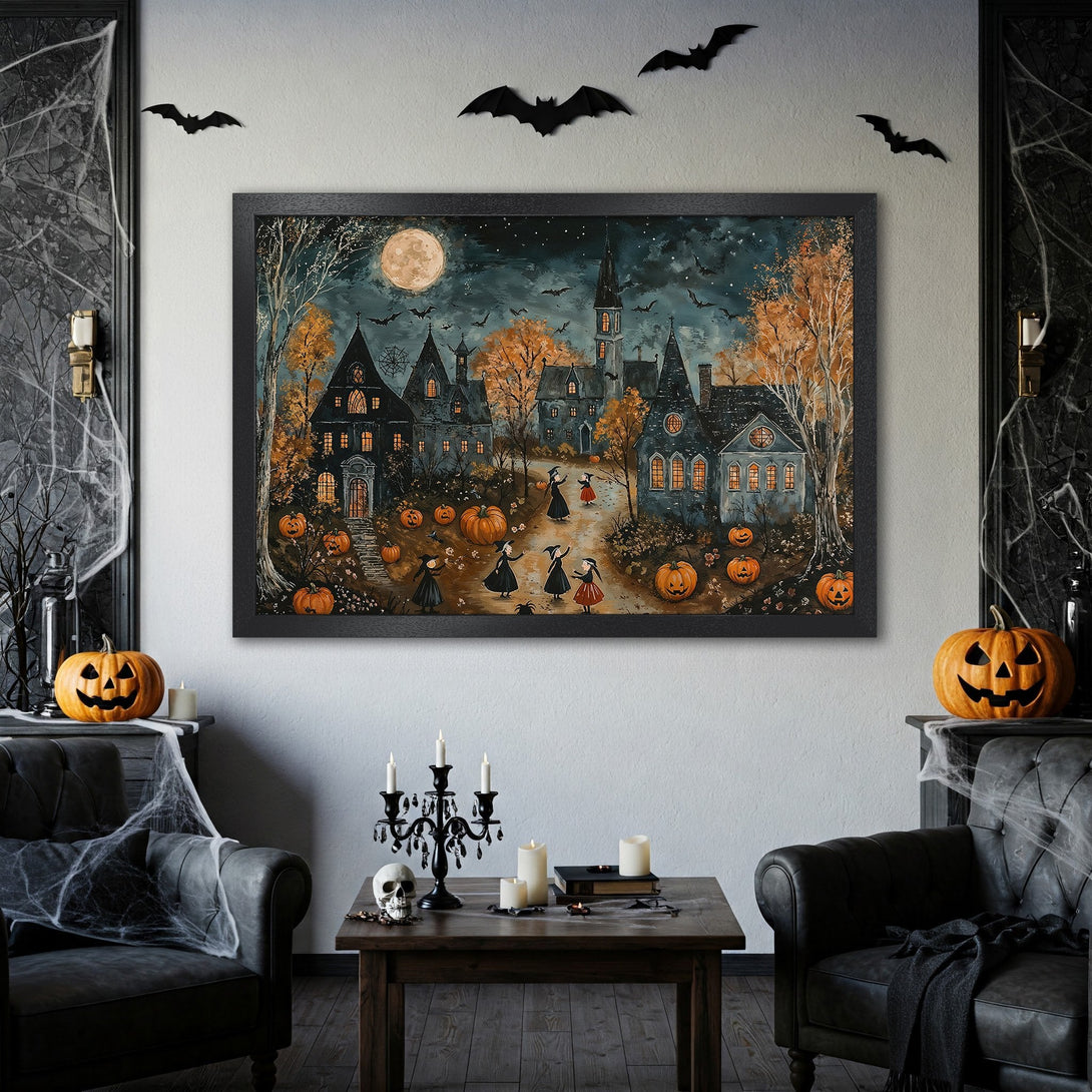 Framed Poster featuring a spooky Halloween village scene in a whimsical style with a dark blue, orange, and gray color palette.