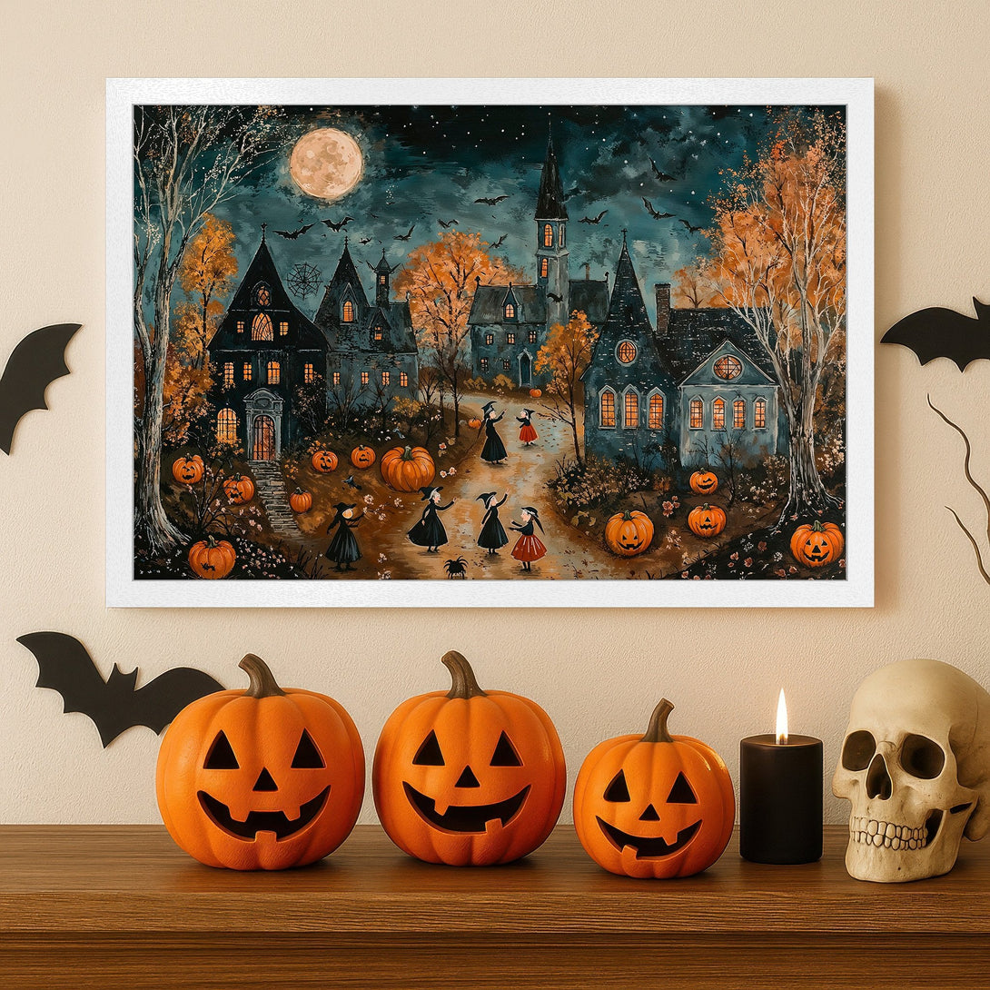 Framed Poster featuring a spooky Halloween town scene with witches, pumpkins, and a dark teal & orange color palette. Perfect fall decor!