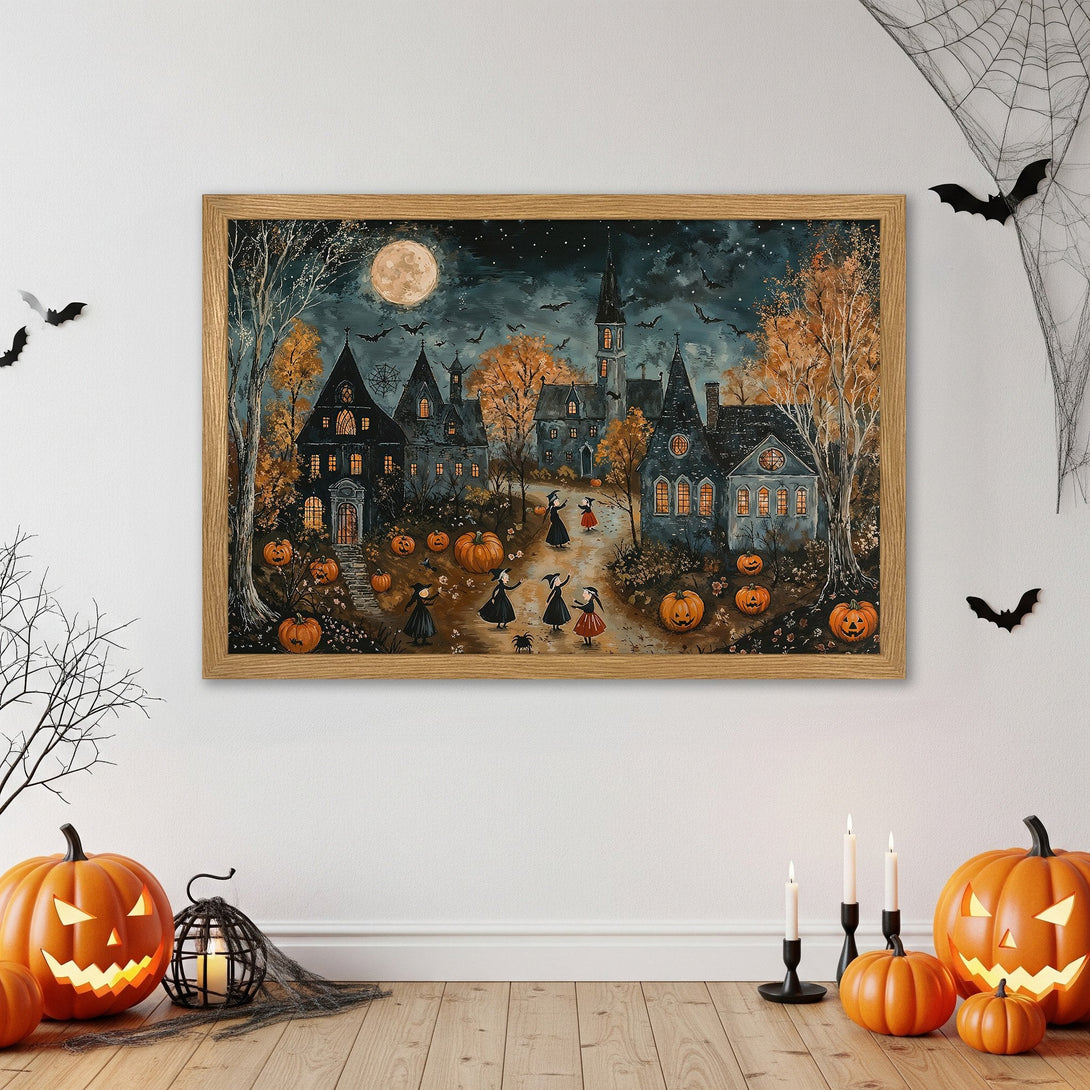 Framed Poster featuring a spooky Halloween scene with witches, pumpkins, and a dark blue/orange color palette. Perfect for fall decor!