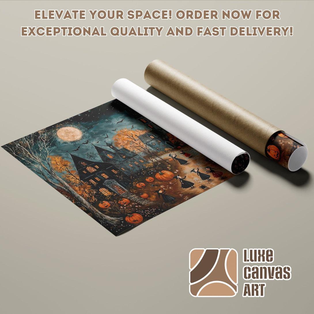 Halloween Poster Roll, dark teal & orange art, spooky castle, bats, pumpkins. Elevate your space!