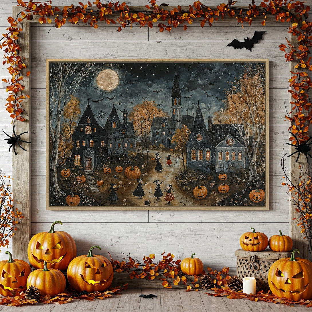 Framed Wall Art: Spooky Halloween scene with witches, pumpkins, and a full moon. Warm color palette for fall decor. Perfect for seasonal home accents.