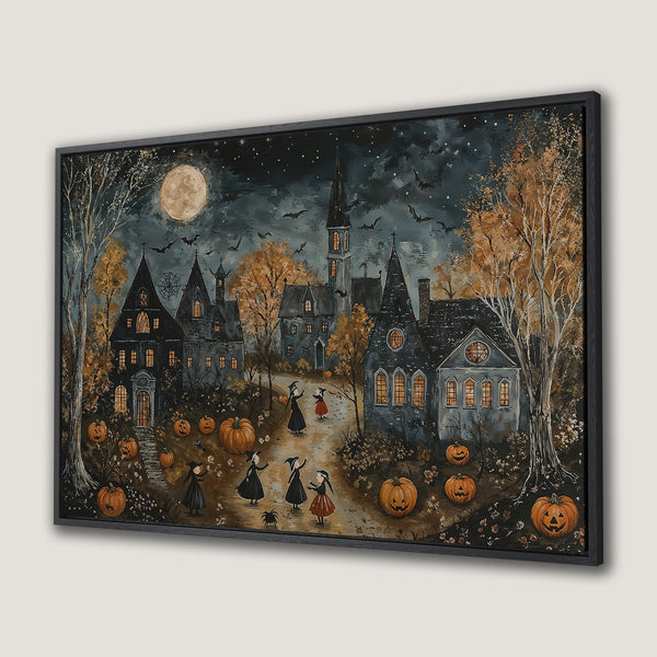 Framed Wall Art: Spooky Halloween town scene with witches, pumpkins, and a full moon. Dark blue, orange, and black color palette. Perfect for fall decor!