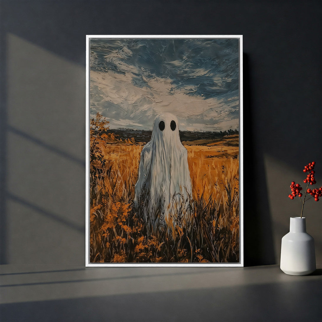 Framed Wall Art featuring a ghostly figure in a field, painted in a textured style with a warm, autumnal color palette. Perfect for Halloween decor!