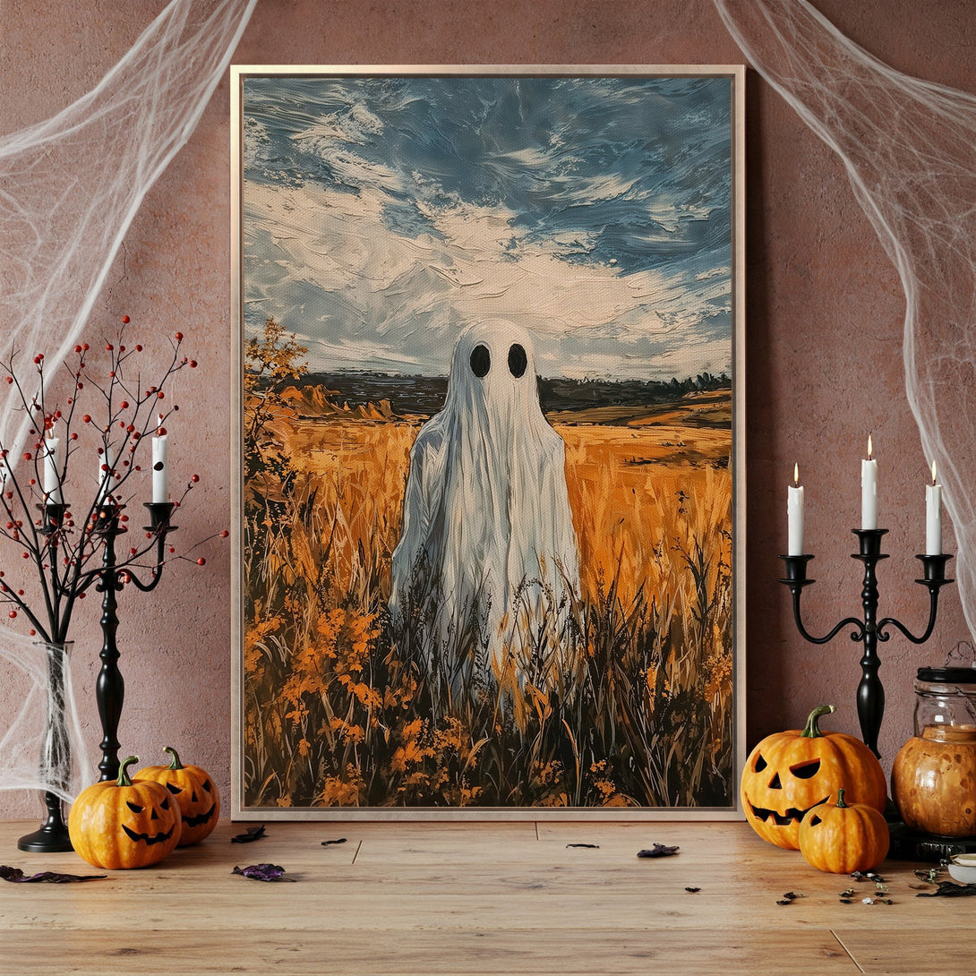 Framed Wall Art: Spooky ghost in a field, art print with a warm, autumnal palette. Perfect Halloween decor for your home!