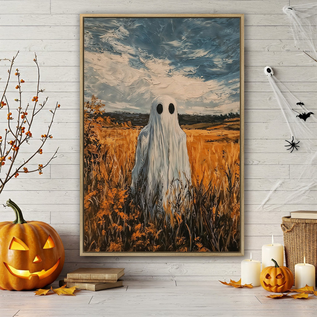 Framed Wall Art: Spooky ghost in a field painting, autumnal color palette. Perfect Halloween decor. Add a touch of eerie art to your home!