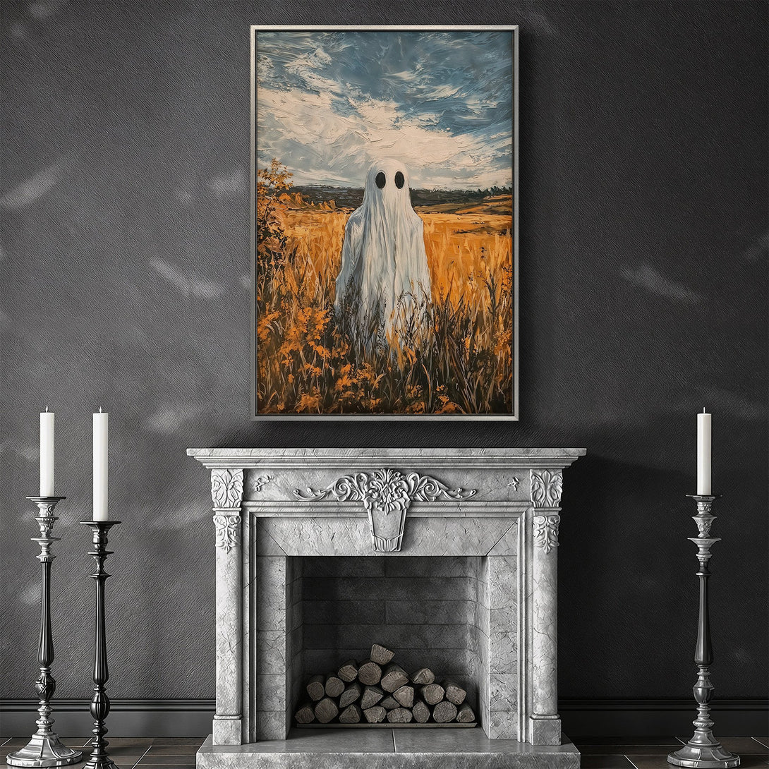 Framed Wall Art featuring a whimsical ghost in a field, with a blue, yellow, and white color palette. Perfect for adding a unique touch to your space!