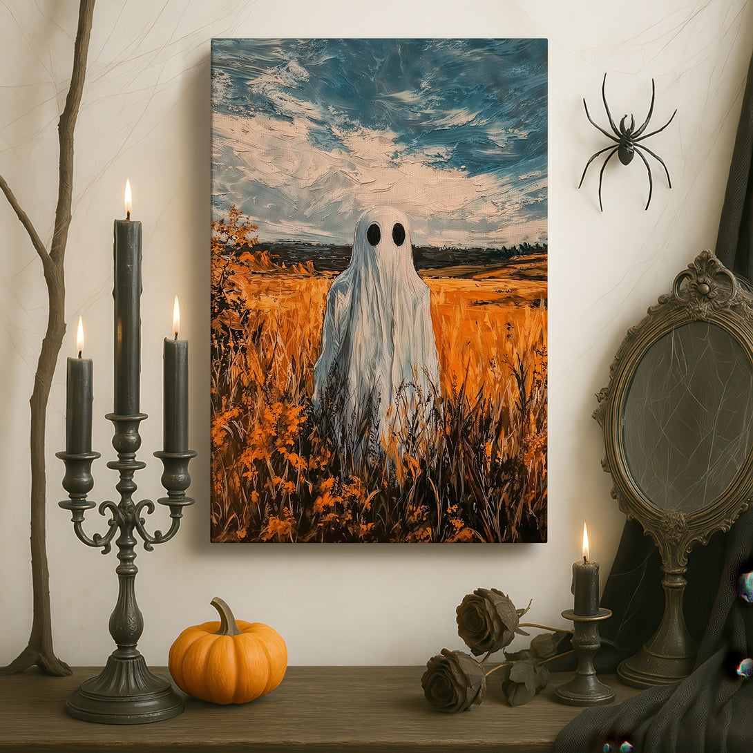 Framed Wall Art featuring a ghost in a field, with a moody, impressionistic style. Earthy tones with a blue sky, perfect for adding character to your space.