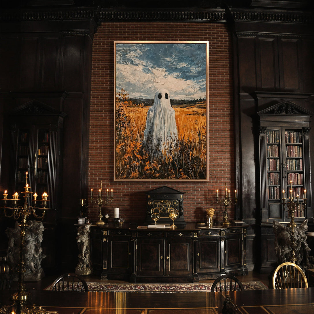 Framed Wall Art: Spooky ghost in a field. Moody, painterly style with a blue, gold, and white color palette. Perfect for adding a unique touch to your home.