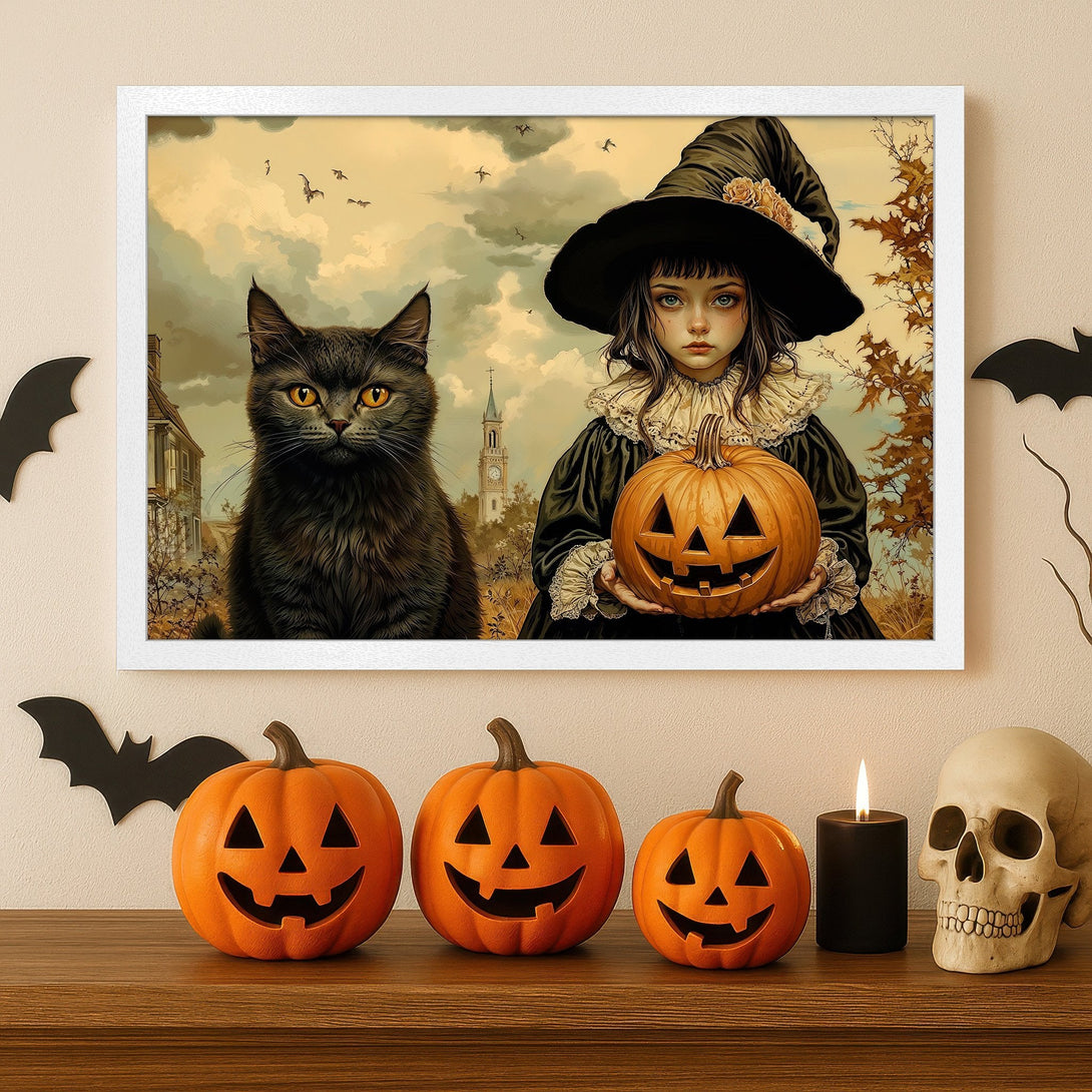 Framed Poster featuring a witch with a cat, holding a pumpkin. Vintage style, warm color palette perfect for Halloween decor.