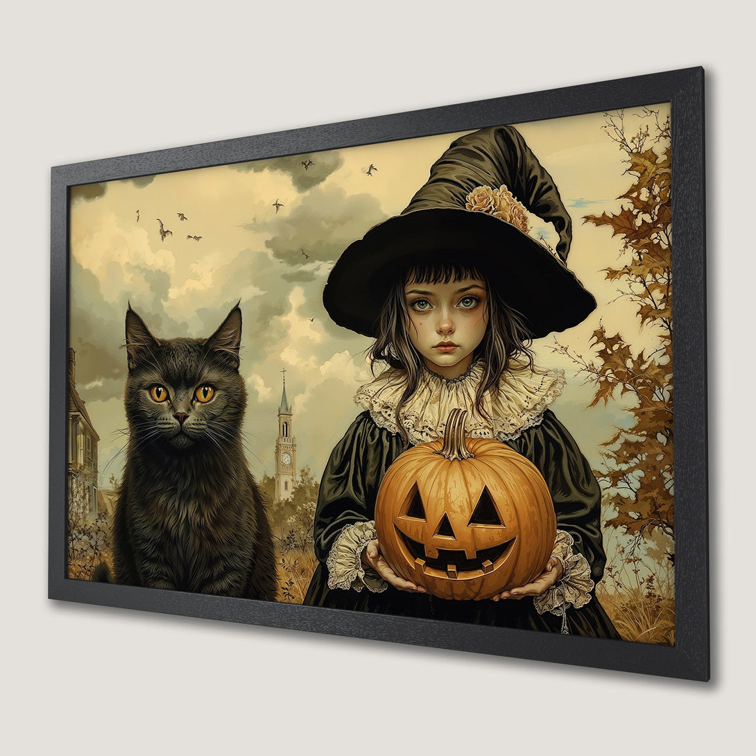 Framed Poster featuring a witch with a pumpkin and black cat, in a vintage style with a warm, autumnal color palette. Perfect Halloween decor!