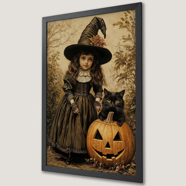 Framed Poster featuring a vintage-style Halloween witch and cat, with sepia tones and a warm color palette perfect for spooky decor.