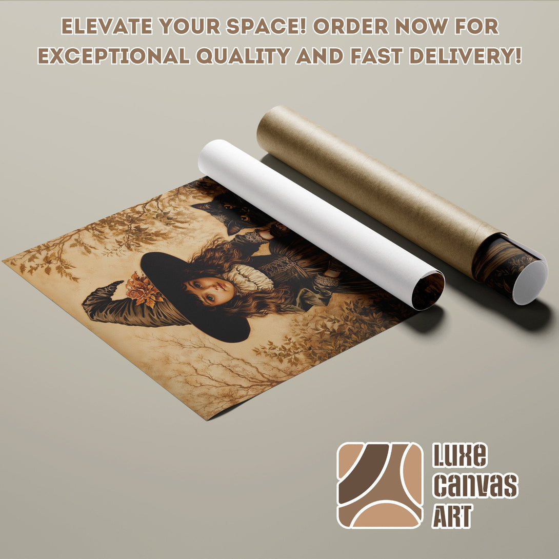 Poster Roll featuring a vintage witch illustration, warm earthy tones, perfect for unique wall art.