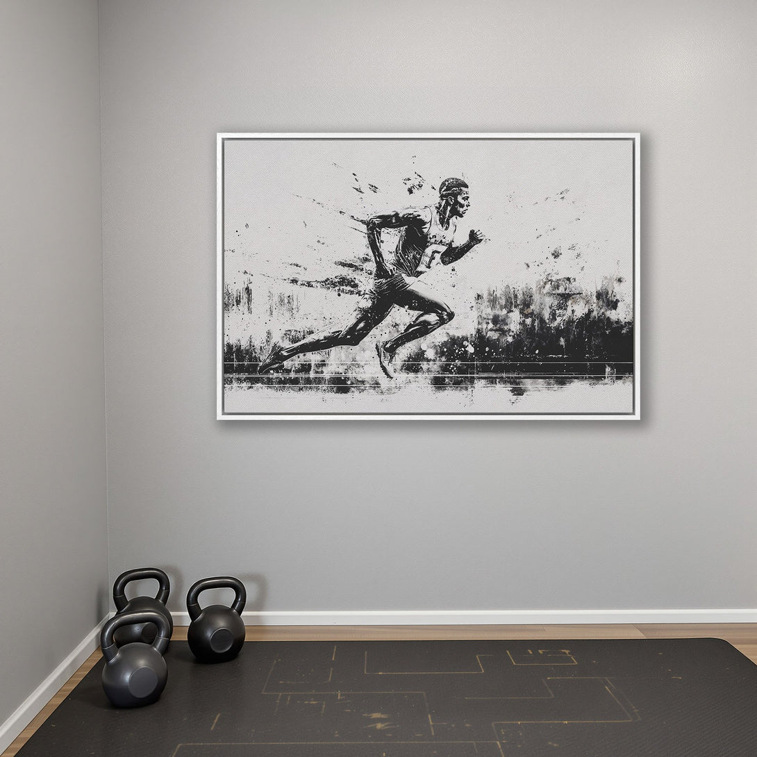 Framed Wall Art: Abstract black and white canvas print of a runner. Modern art for home gym decor. Monochrome color palette.