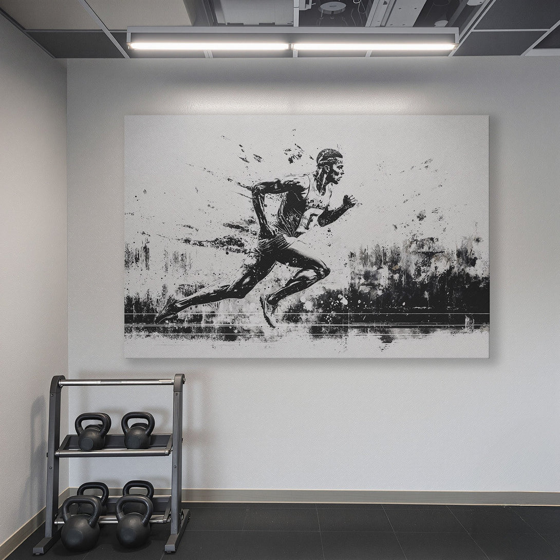 Framed Wall Art: Dynamic black & white runner art in a modern gym setting. Inspiring decor with a monochrome palette, perfect for fitness enthusiasts.
