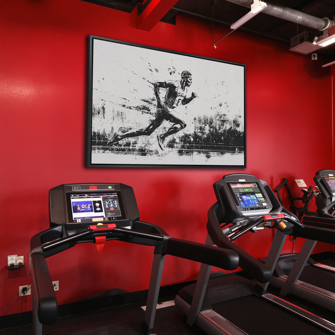 Framed Wall Art: Abstract runner in black & white, displayed in a gym. Modern art with a bold red backdrop. Perfect for home or office decor.