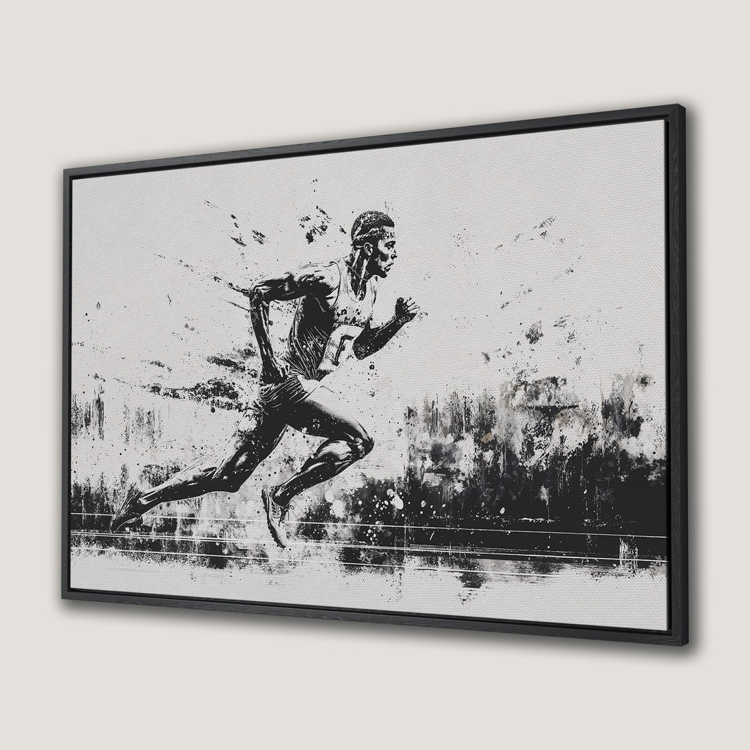 Framed Wall Art: Dynamic black and white canvas print of a runner. Modern, abstract style with a bold monochrome color palette. Perfect for sports fans!