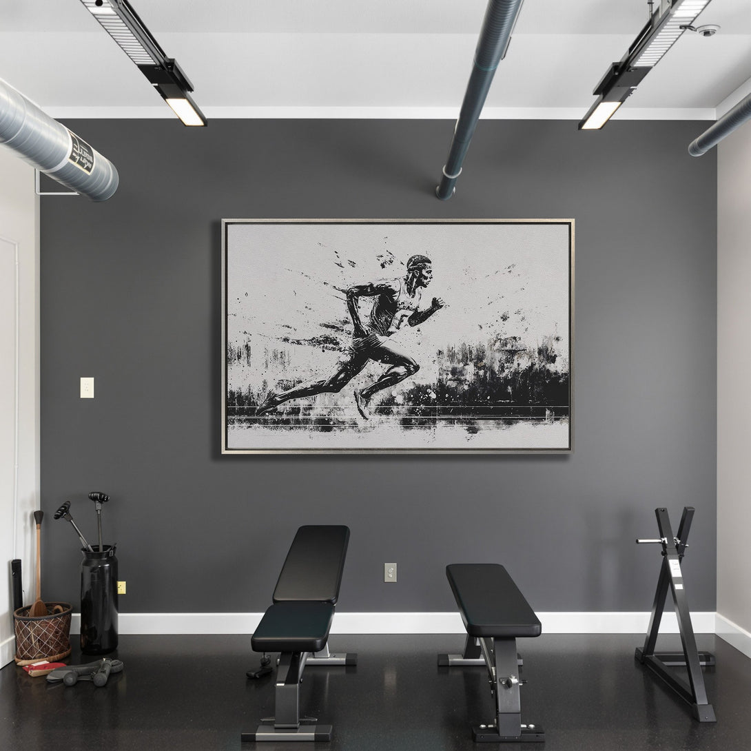 Framed Wall Art: Dynamic black & white canvas print of a runner, perfect for gym decor. Monochrome palette adds modern style to any space.