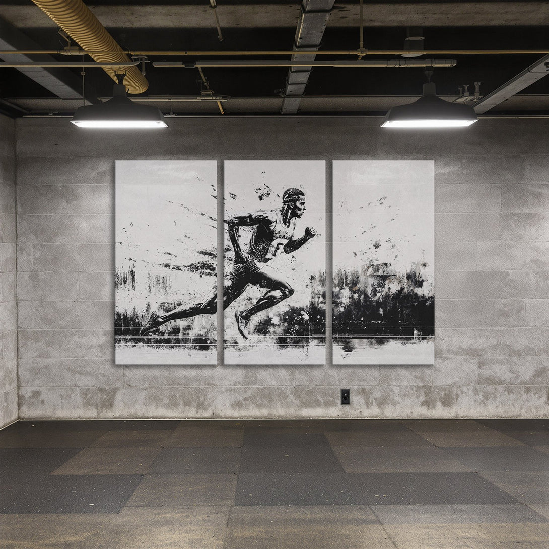 Canvas Print of a runner in action, abstract black and white art, perfect for modern decor.