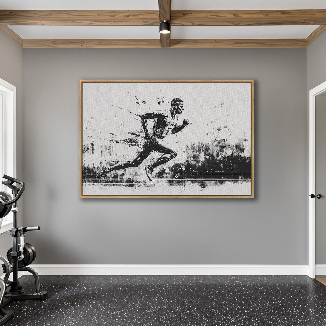 Framed Wall Art: Dynamic black and white canvas print of a runner, perfect for a modern gym or home decor. Inspiring athletic art!
