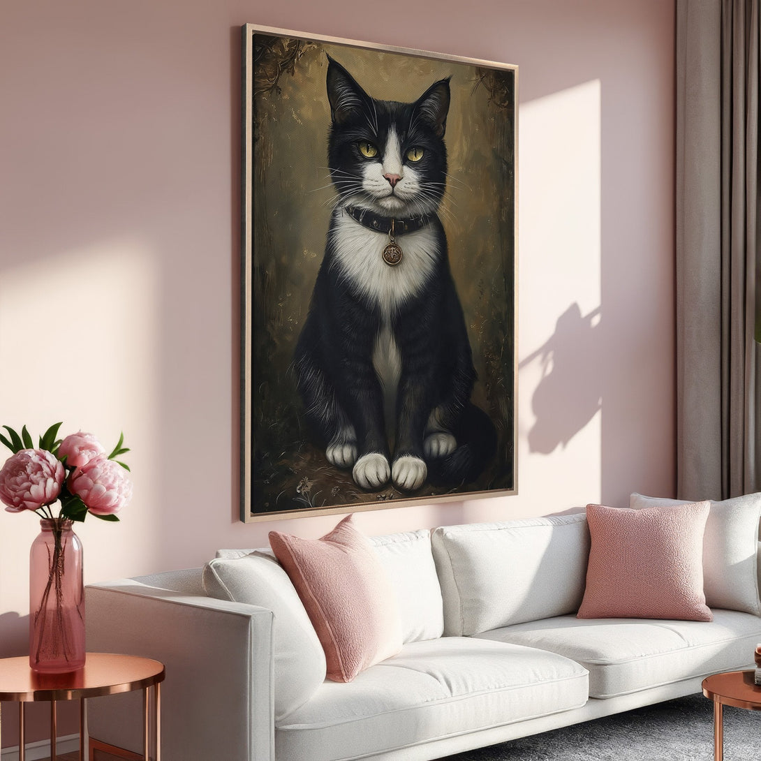 Framed Wall Art featuring a regal black and white cat portrait. Elegant, vintage style with a warm, neutral color palette. Perfect for adding charm to any room.