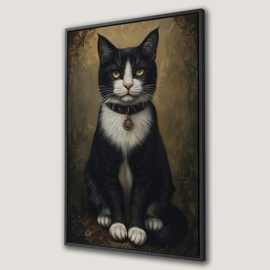 Framed Wall Art: Elegant portrait of a tuxedo cat with a vintage aesthetic. Features a black and white cat against a warm, earthy color palette.