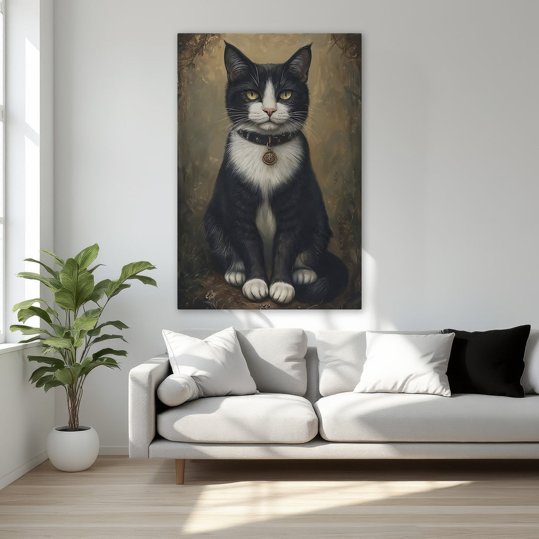 Framed Wall Art featuring a regal black and white cat portrait. Classic style with a warm, neutral color palette, perfect for elegant home decor.
