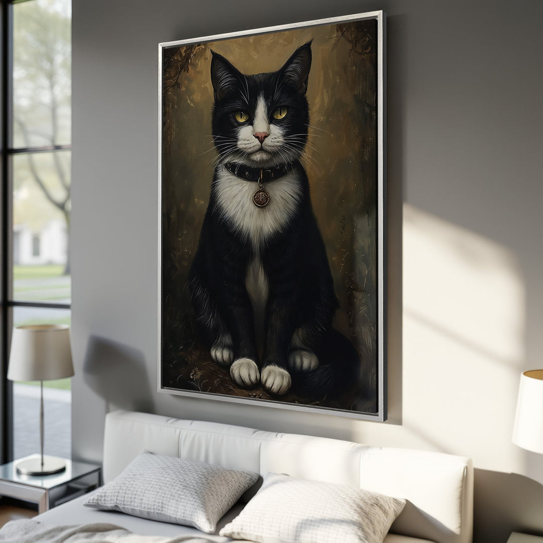Framed Wall Art: Regal black and white cat portrait, vintage style, warm brown and gold tones. Perfect for adding charm to any room.