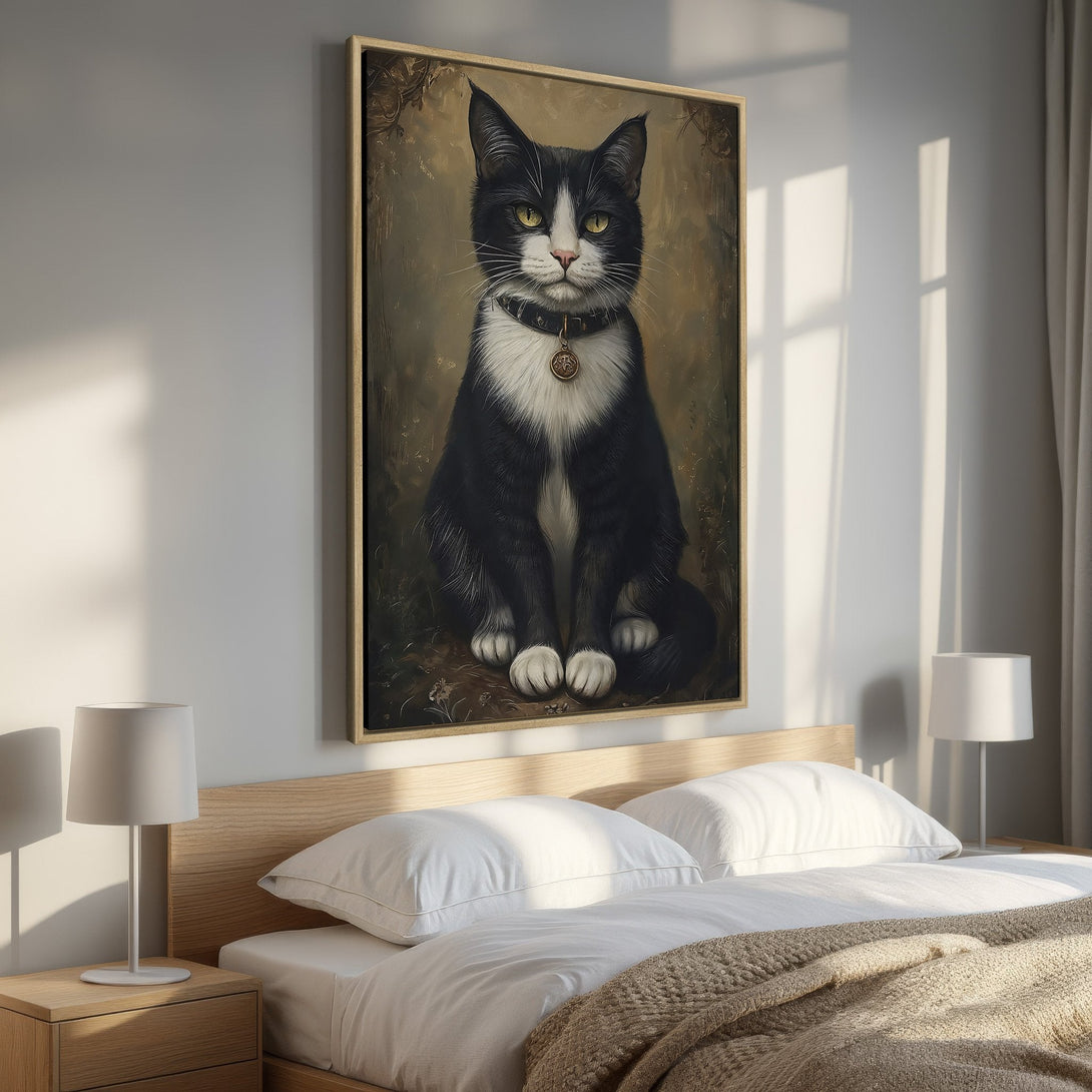 Framed Wall Art: Elegant black and white cat portrait in a vintage style, warm earth tones. Perfect for adding character to any room.
