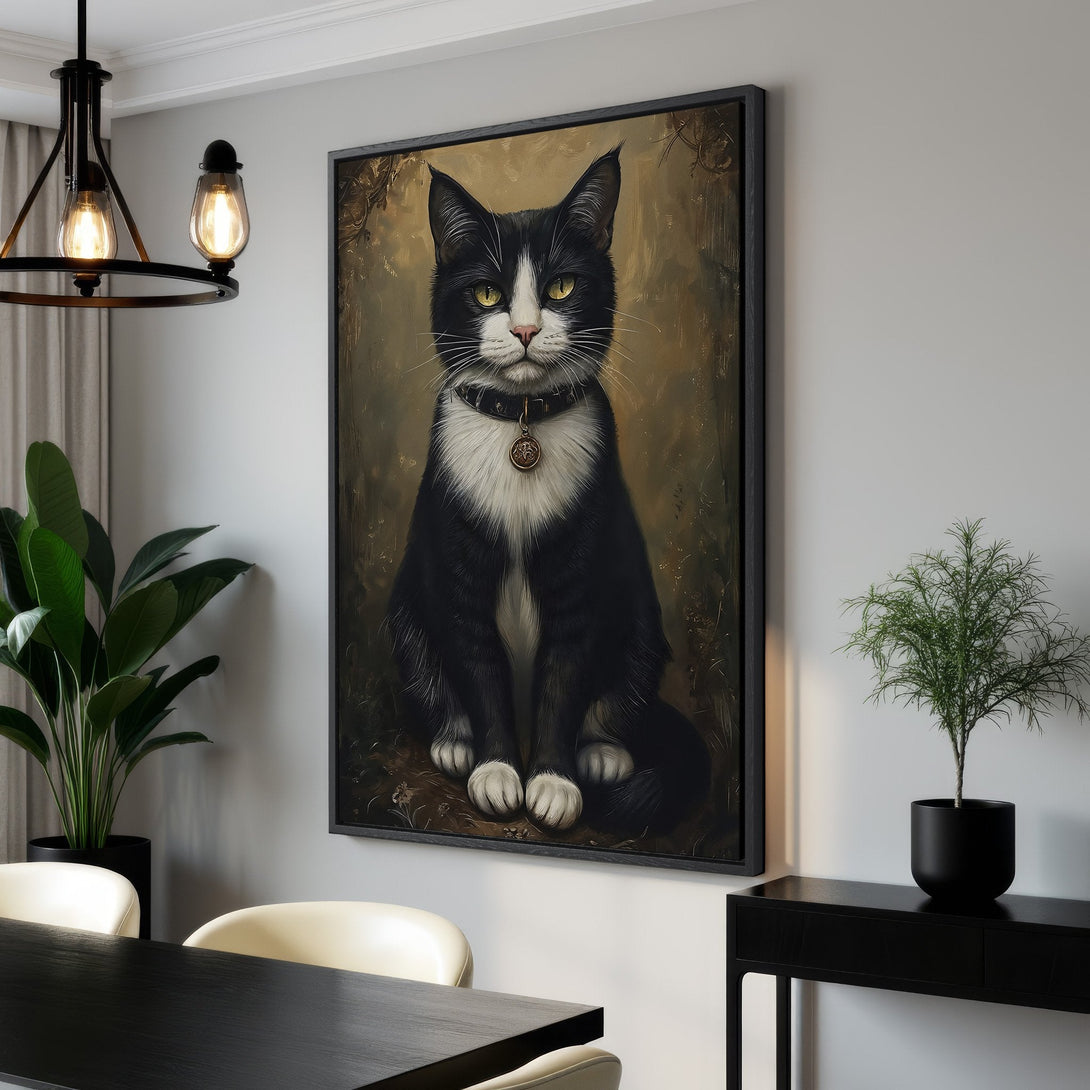 Framed Wall Art: Elegant black and white cat portrait in a vintage style. Earthy tones and a touch of whimsy for your home decor.