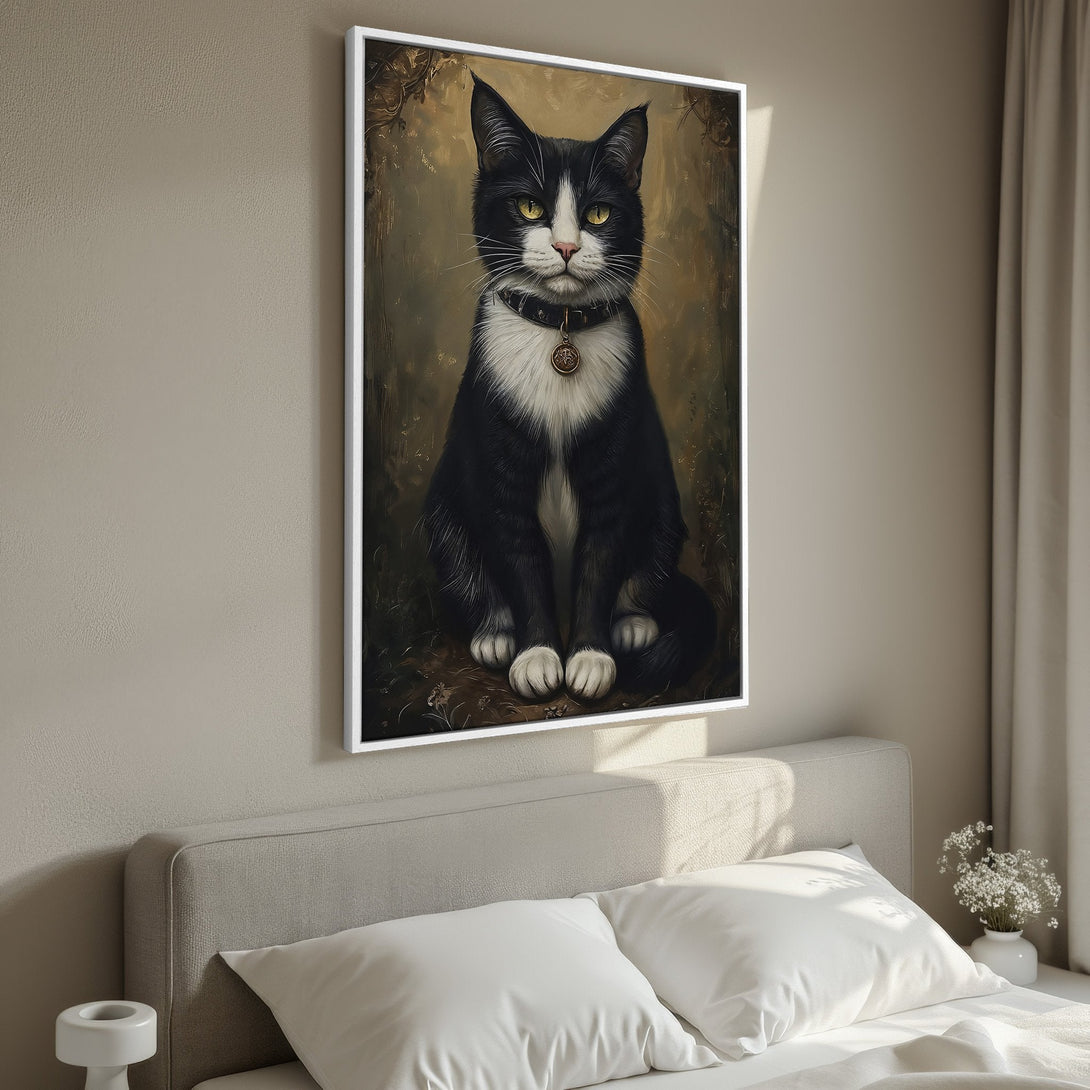 Framed Wall Art: Elegant black and white cat portrait with a vintage feel, displayed in a modern bedroom. Warm, neutral color palette.