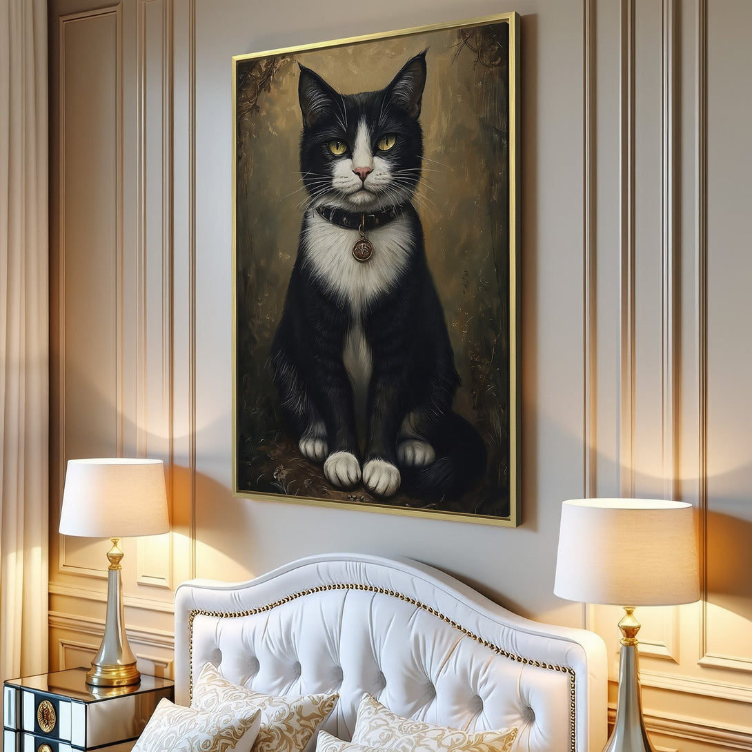 Canvas Print of a regal black and white cat portrait in a classic style, with warm earthy tones. Perfect wall art for any space.