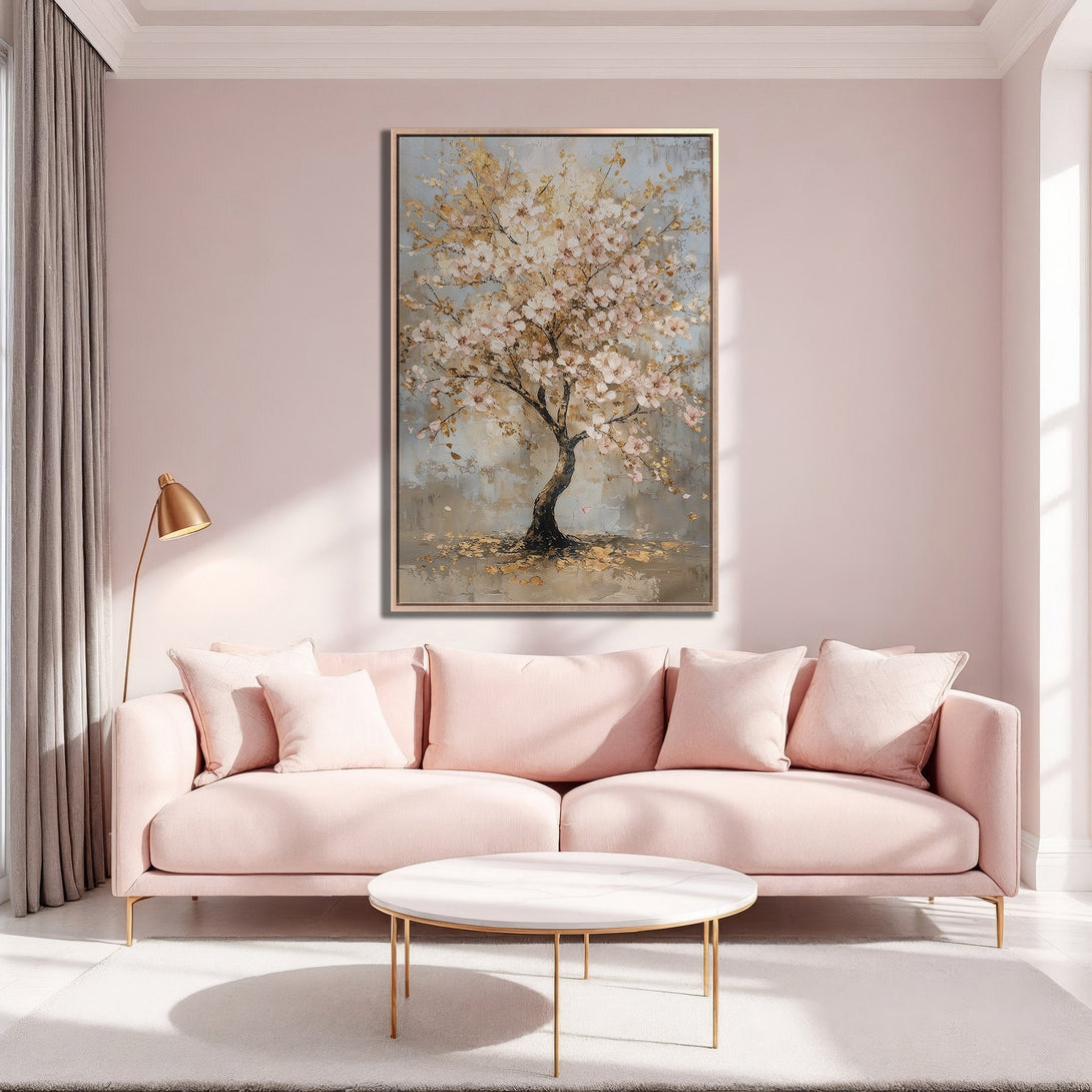 Framed Wall Art: Elegant tree painting in soft pink and gold tones. Perfect for adding a touch of nature and sophistication to your living room decor.